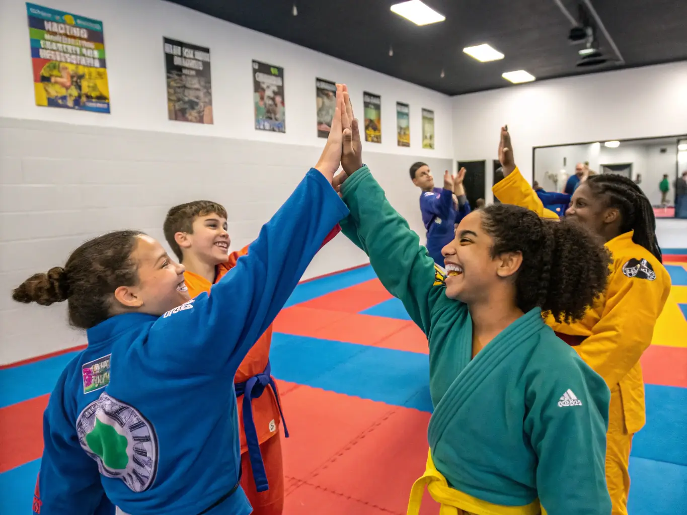 A candid photo of aikido students socializing after a training session at AIKIDO DE LA SORGUES, highlighting the camaraderie and supportive atmosphere of the dojo.