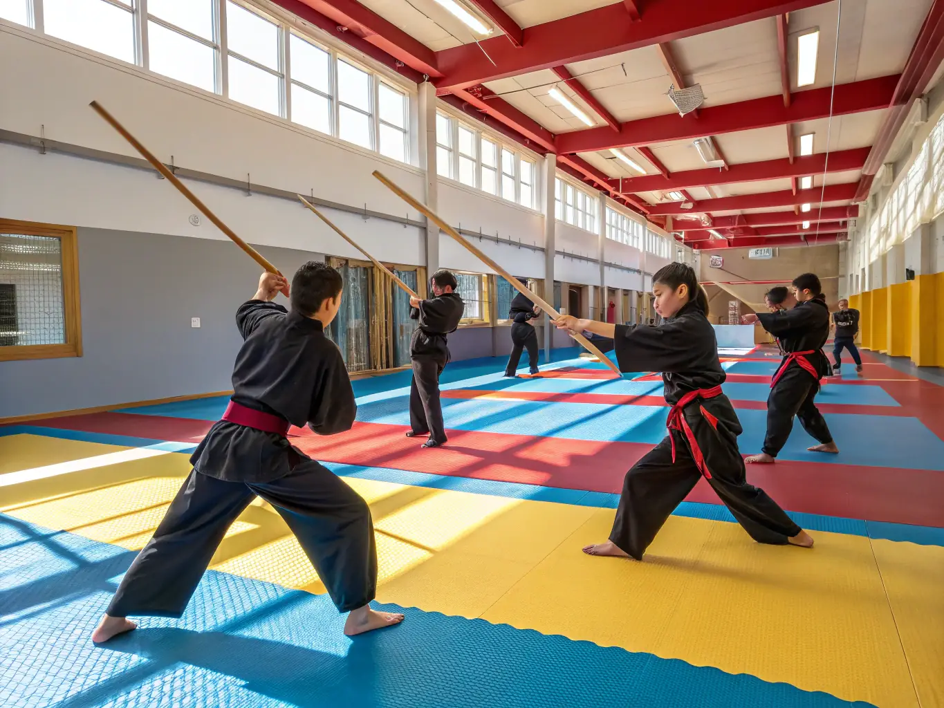 A group of Aikido students practicing a flowing technique in a dojo, with a sensei guiding them. The image should convey focus, discipline, and the dynamic nature of Aikido training.