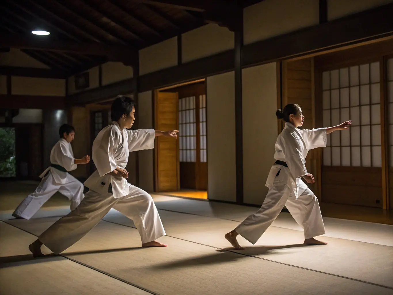 A photograph of participants actively engaged in an Aikido workshop, focusing on a specific technique or concept. The atmosphere should be one of collaboration, learning, and hands-on practice.