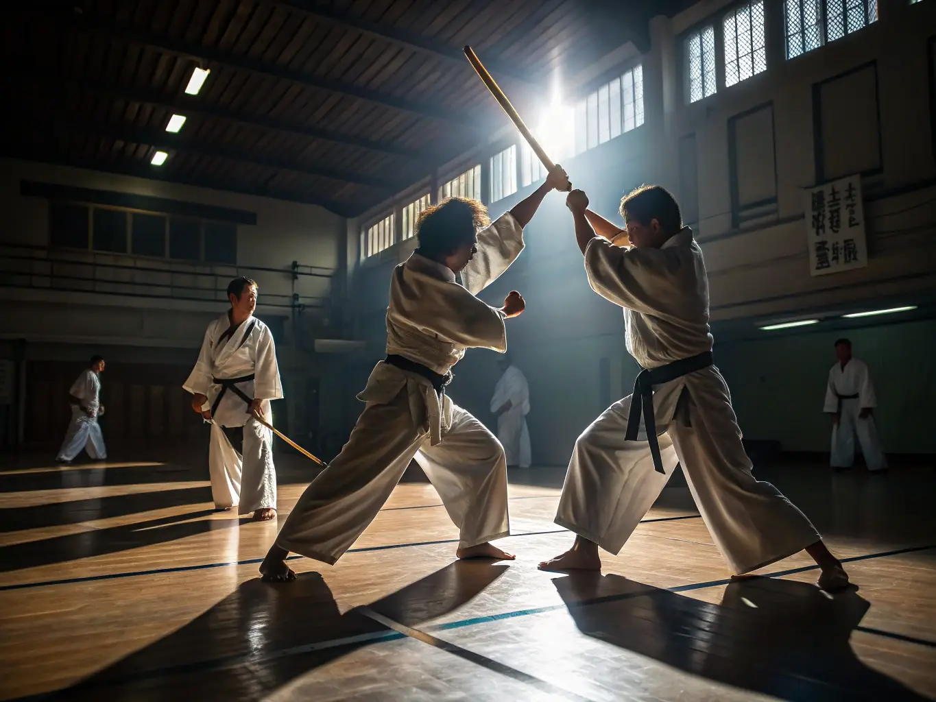 A dynamic shot of aikido practitioners engaged in a training session at AIKIDO DE LA SORGUES, showcasing the energy and focus of the class.