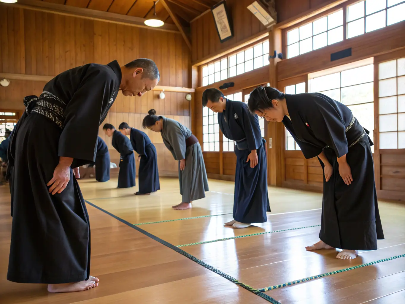 A group of aikido students bowing in respect at the beginning of a class at AIKIDO DE LA SORGUES, emphasizing the importance of respect and tradition.